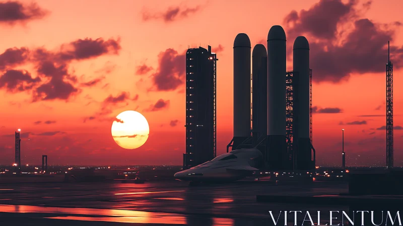 Sunset launchpad dreaming with sleek futuristic rockets.