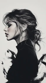 Monochrome profile portrait with expressive ink abstraction.