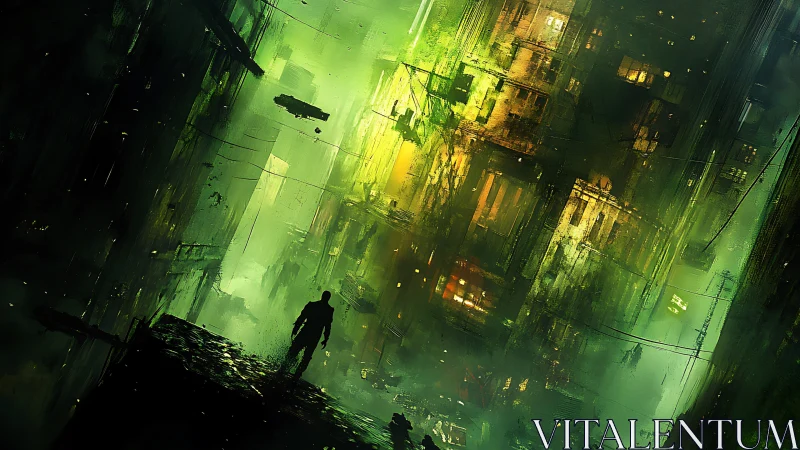 Lone figure walks through vertical neon city canyon at night