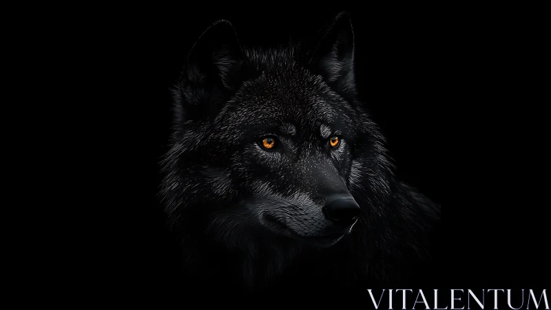 Black wolf portrait shows detailed fur and bright amber eyes