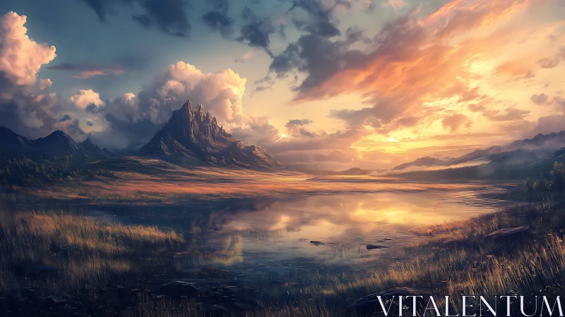 Spectral alpine peak mirrored in high-dynamic-range sunset lake.