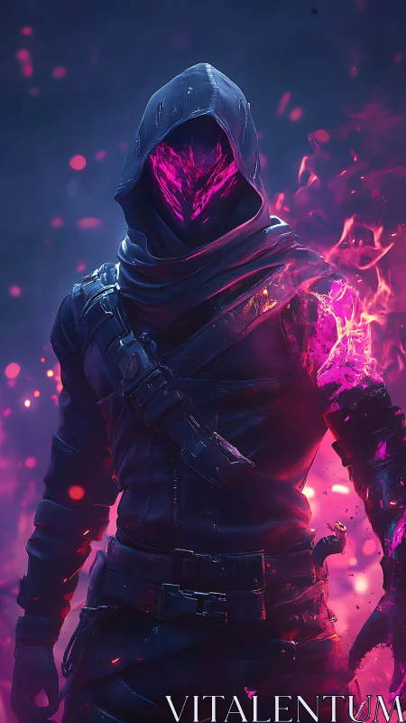 Hooded cybernetic wraith with violet plasma core ignition