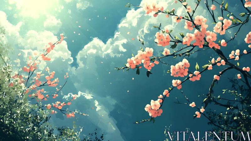 Gentle cherry blossoms drifting under a glowing spring sky.