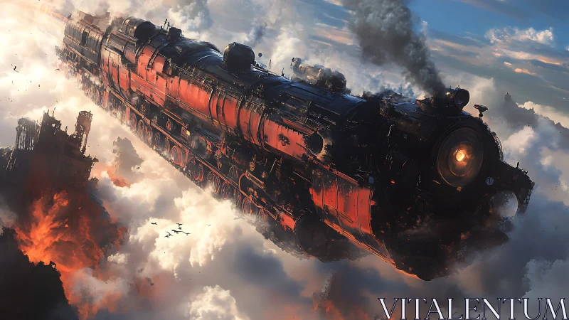 Flaming red sky train charging through burning clouds.