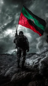 Armored combatant on escarpment raising tricolor banner dramatically.
