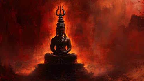 Flame crowned yogi statue in molten twilight stillness.