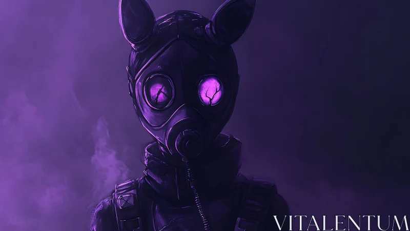 Masked figure with neon violet lens glow in toxic haze.