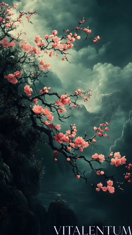 Moonlit cherry blossoms drifting over a misty mountain pool.