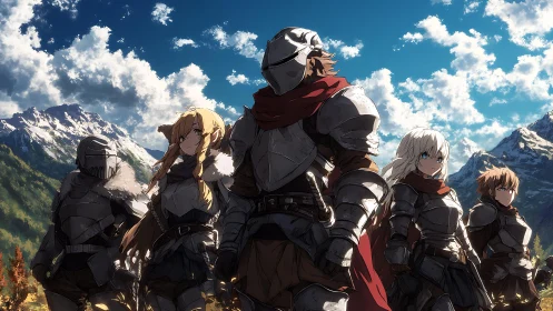 Armored fantasy party under alpine sky with dramatic lighting