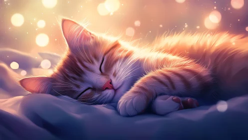 Sleeping tabby cat rendered with warm golden bokeh lighting effects