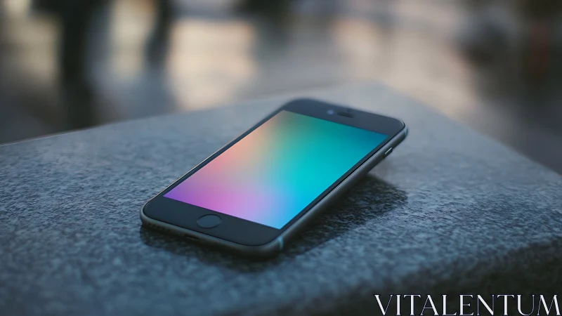 Smartphone with gradient display on concrete surface.