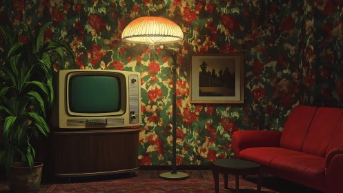 Retro living room glows under warm vintage lamplight.