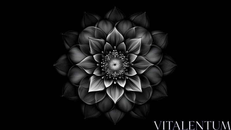 Radial monochrome lotus mandala rendered with luminous depth