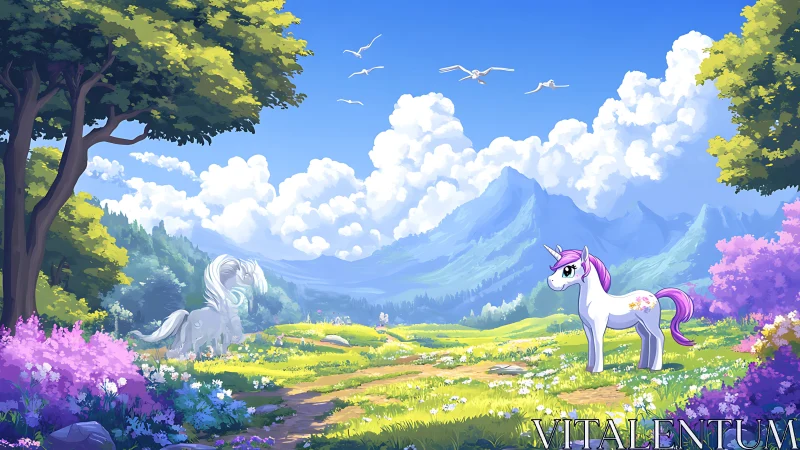 Cartoon unicorns in bright mountain meadow landscape scene.