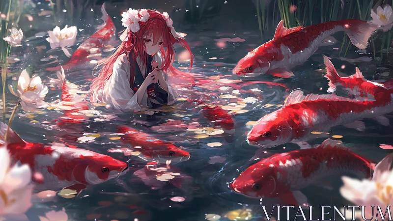 Red haired girl in koi pond surrounded by bright fish.
