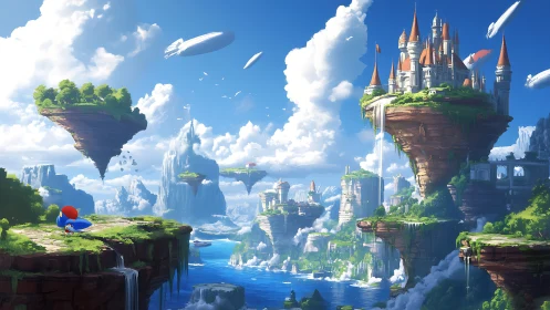 Fantasy floating island archipelago with layered castles and airships.