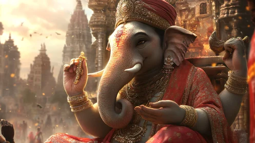 Gentle elephant deity in golden temple light, blessing warmly.