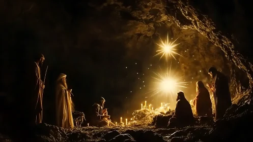 Nativity cave scene with robed figures, candles and stars.