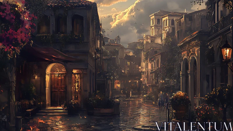 Golden evening light warms a quiet cobblestone street