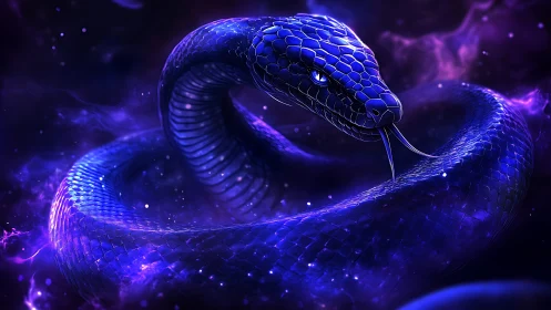 Cosmic blue serpent coiled in glowing nebula space.