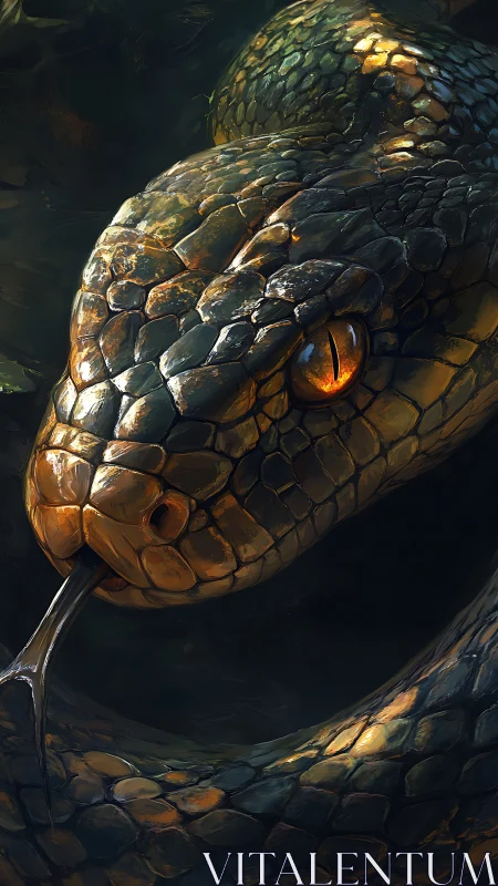 Hyperreal coiled serpent close-up with iridescent scaled head