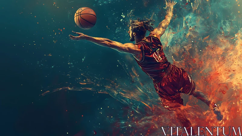 Basketball player dives through fiery splash toward ball