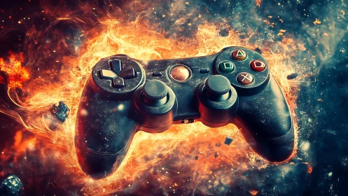 Gaming controller in stylized fire and energy environment