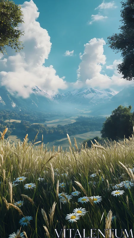 Wildflower meadow below sunlit alpine mountainscape at dawn.