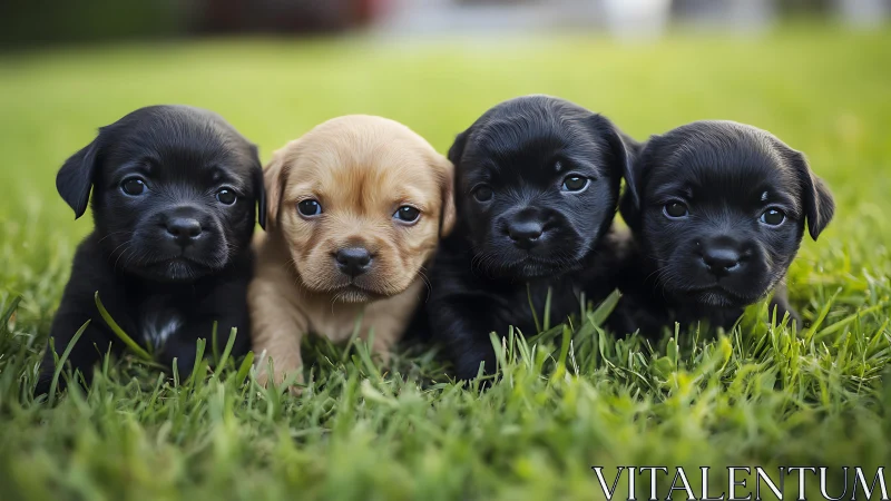 Four small puppies lie aligned on grass in shallow focus