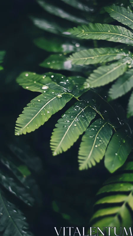 Gentle raindrops resting softly on deep green leaves.