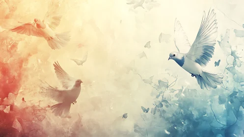 White doves in flight cross warm to cool abstract backdrop