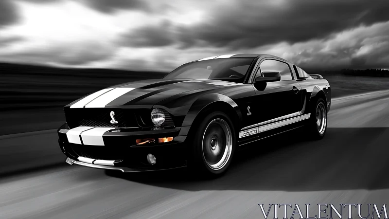 Black muscle car racing under stormy sky at speed.