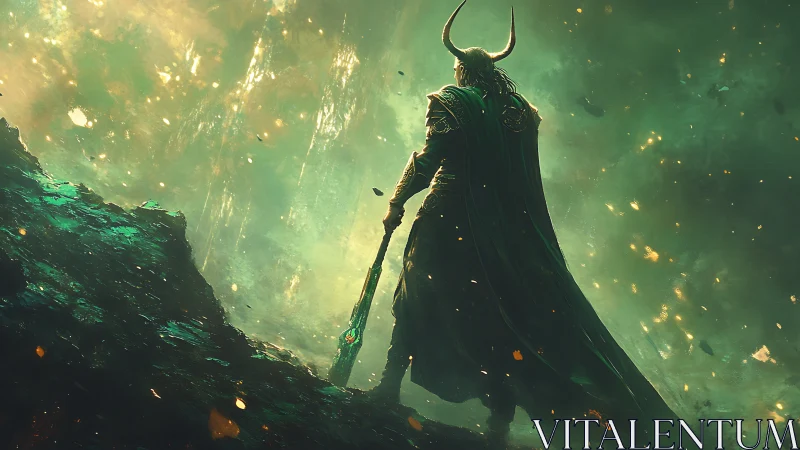 Horned warlord in luminous storm-scarred etheric canyon.