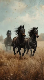 Three dark horses running through tall dry grass field.