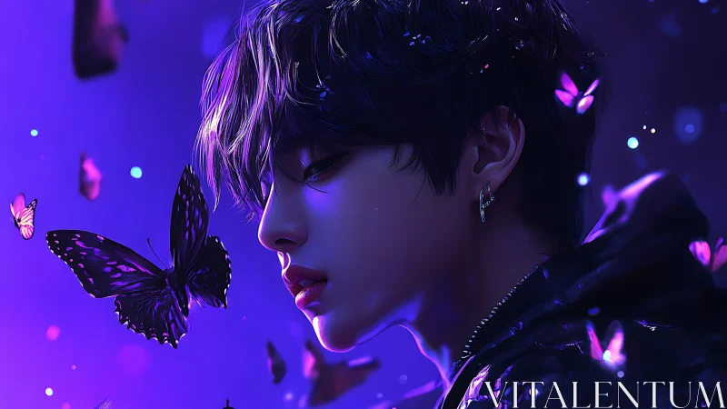 Side profile of youth with purple butterflies at night.