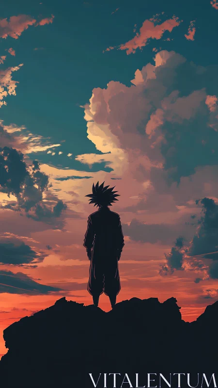 Anime warrior silhouette against dramatic sunset sky.