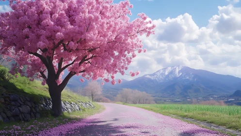 Gentle cherry blossom lane curves toward calm snowy mountains