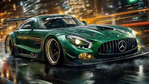 Green Mercedes race car streaks through neon soaked city night