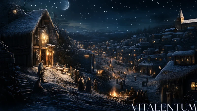 Nativity hillside village rendered in atmospheric night lighting