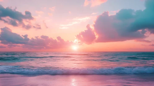 Low-tide shoreline under pastel pink cyan maritime sunset sky