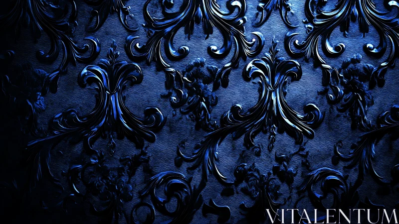 Midnight baroque scrollwork shimmering in sapphire glow.