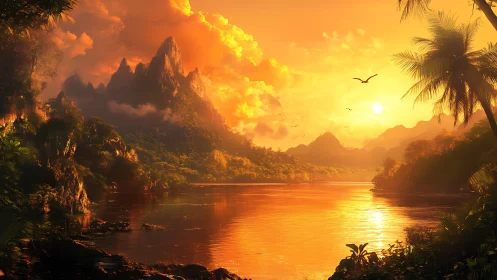 Golden tropical sunset bathes lush mountains and calm river