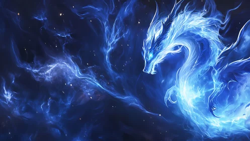 Celestial blue dragon formed from luminous cosmic nebula.