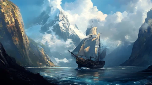 Storm-touched galleon threading a glacial mountain fjord.