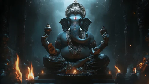 Majestic blue Ganesha idol glows amid temple firelight.