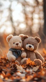 Cozy teddy bear friends share autumn warmth among leaves