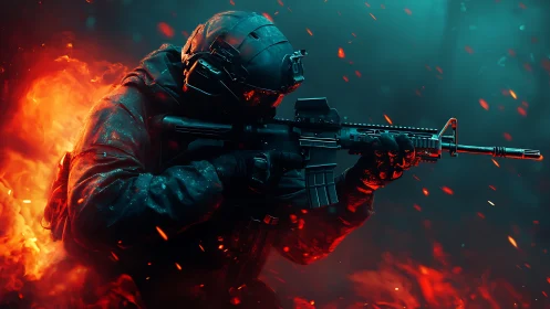 Heavily armed soldier aiming rifle amid intense firestorm.