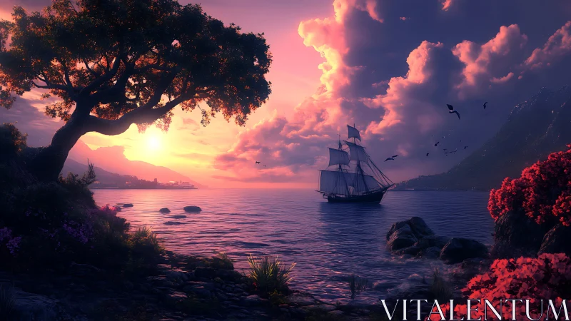 Sailing ship at vivid sunset on calm coastal inlet.