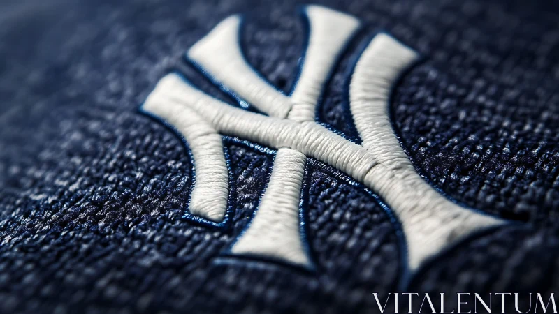 Macro closeup of raised white monogram embroidery on navy textile