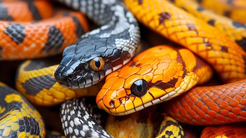 Colorful snakes rest together in a bright, patterned tangle